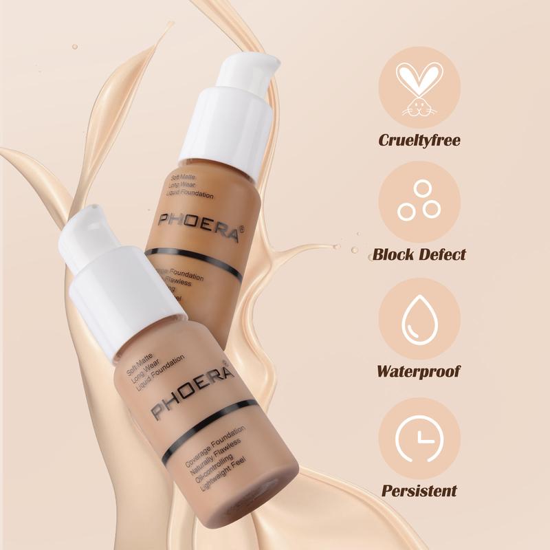 2PCS PHOERA Foundation Makeup Naturally Liquid Foundation Full Coverage Mattle Oil-Control Concealer 5 Colors Optional,Great Choice For Gift