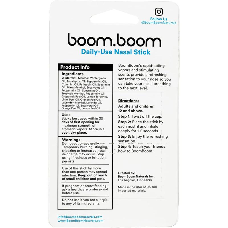 BoomBoom Nasal Stick (4 Pack) | Enhance Breathing + Boost Focus | Breathe Vapor Stick Provides Fresh Cooling Sensation | Breathe In Life Carrier & Essential Oils,for nic | Sleep