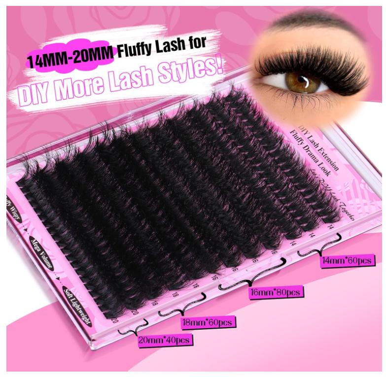 Yawamica Fluffy Lash Clusters Thick 200D Volume Eyelash Clusters 14-20mm Wispy Individual Lashes D Curl Cluster Eyelash Extensions 240pcs DIY Lash Extension for Beginners