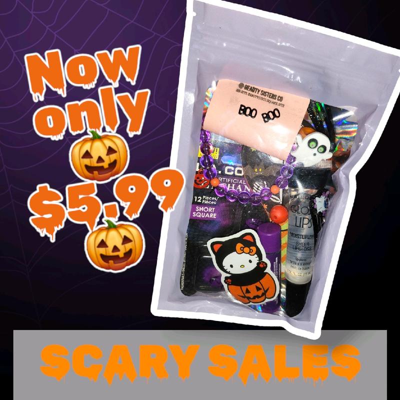 Halloween Beauty Grab Bag with Lip Gloss, Lip Balm, Press On Nails, Bracelet, Earrings, and Hair Accessories - Salon, Makeup