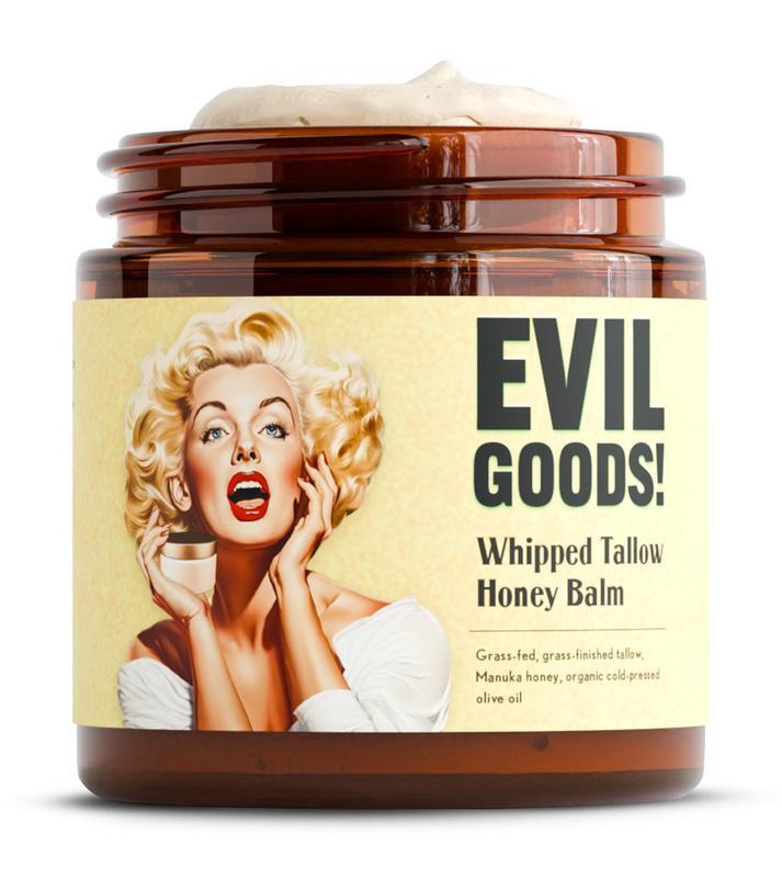 EVILGOODS Whipped Beef Tallow and Manuka Honey Balm, 4oz, Organic Face Cream, Moisturizer, Body Lotion, Skin Care and Lip Balm