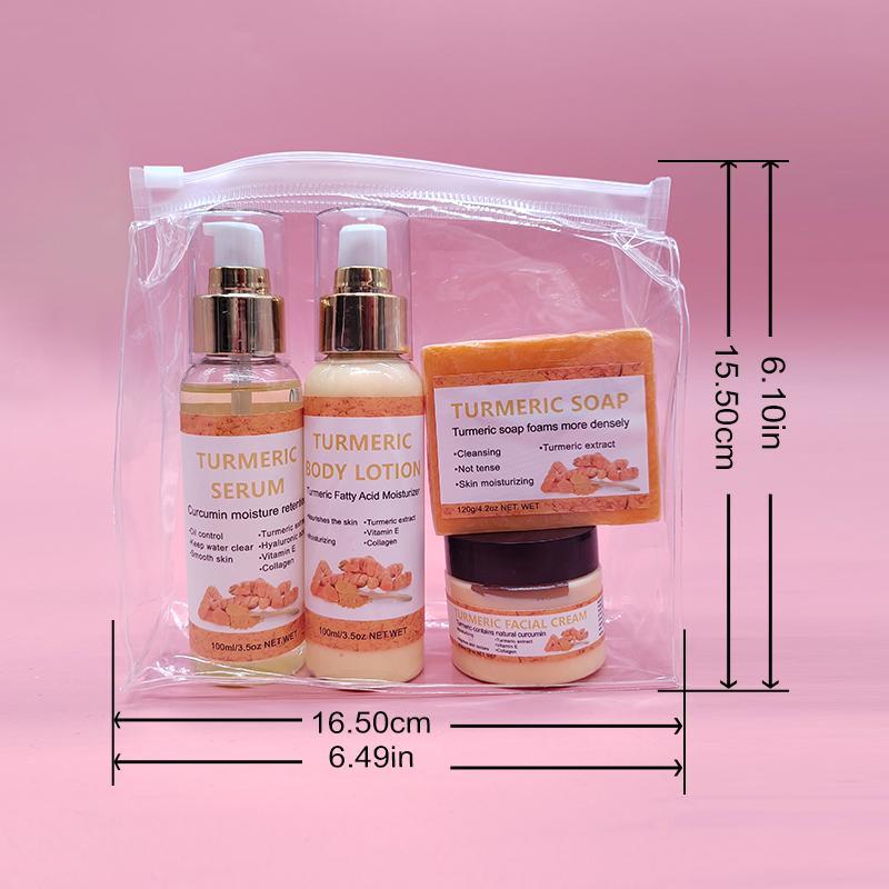 Natural Turmeric Skin Care Set, 4 Counts set Including Body Lotion, Turmeric Serum, Turmeric Soap, Turmeric Cream, Body Care Skincare Kits for Women & Men