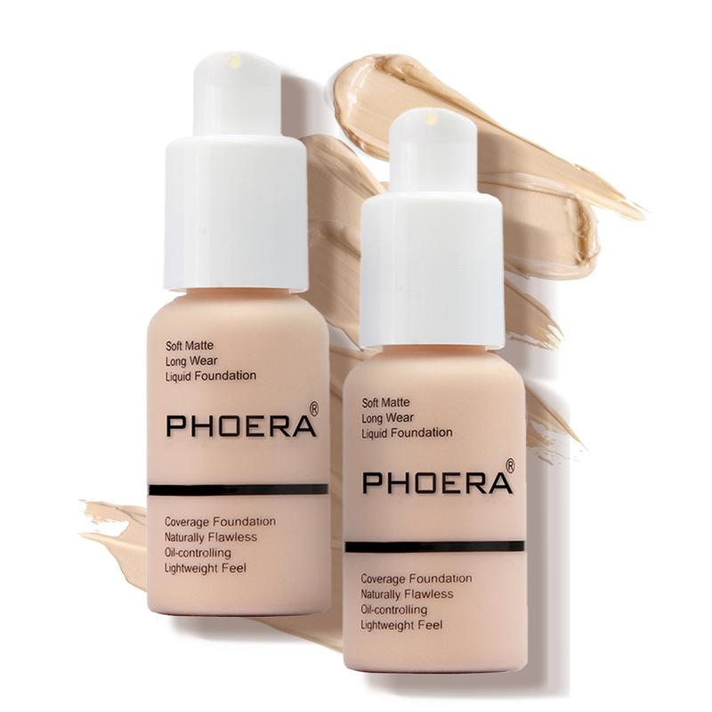 2PCS PHOERA Foundation Makeup Naturally Liquid Foundation Full Coverage Mattle Oil-Control Concealer 5 Colors Optional,Great Choice For Gift