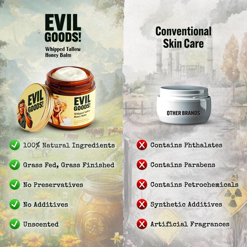 EVILGOODS Whipped Beef Tallow and Manuka Honey Balm, 4oz, Organic Face Cream, Moisturizer, Body Lotion, Skin Care and Lip Balm