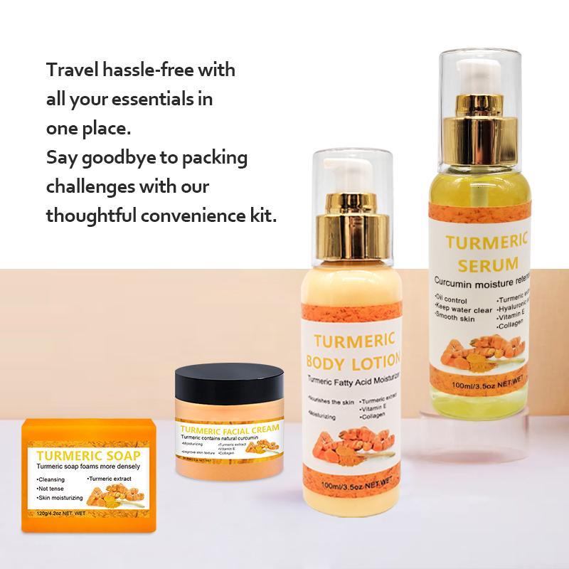 Natural Turmeric Skin Care Set, 4 Counts set Including Body Lotion, Turmeric Serum, Turmeric Soap, Turmeric Cream, Body Care Skincare Kits for Women & Men