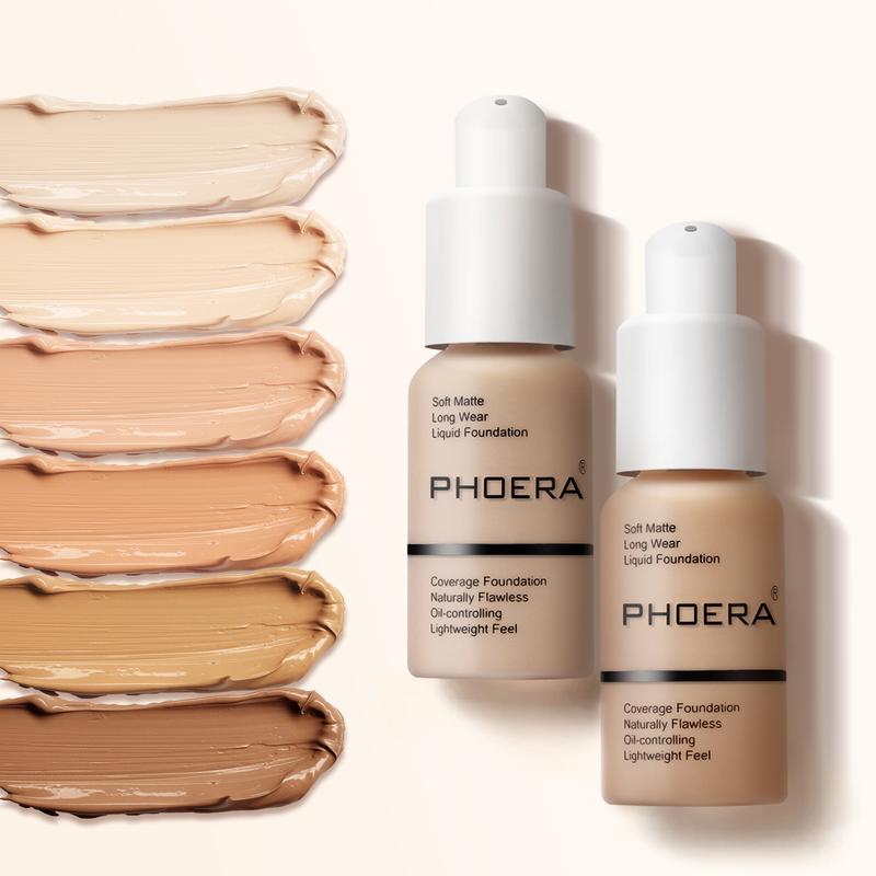 2PCS PHOERA Foundation Makeup Naturally Liquid Foundation Full Coverage Mattle Oil-Control Concealer 5 Colors Optional,Great Choice For Gift