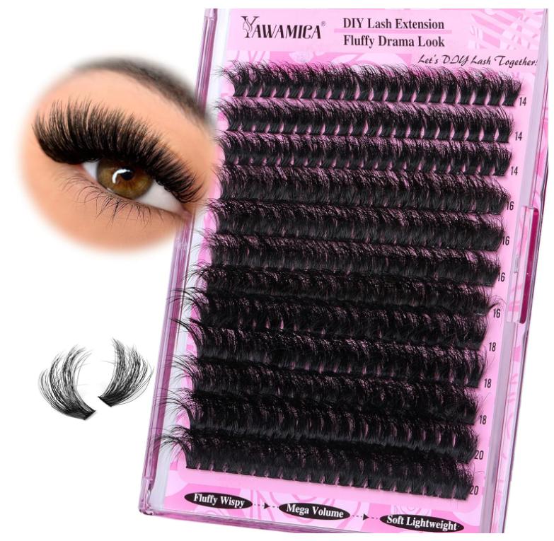 Yawamica Fluffy Lash Clusters Thick 200D Volume Eyelash Clusters 14-20mm Wispy Individual Lashes D Curl Cluster Eyelash Extensions 240pcs DIY Lash Extension for Beginners