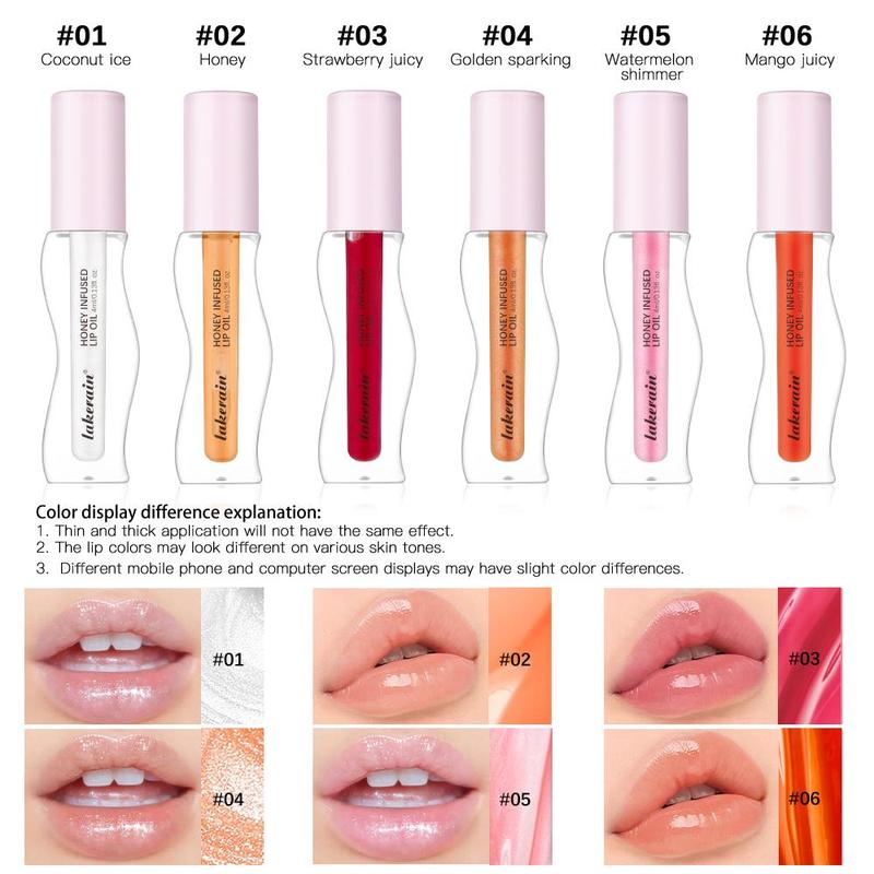 Moisturizing Lip Oil, 6 Counts set Long Lasting Honey Lip Gloss, Hydrating Lip Gloss, Glossy Lip Care, Plumping Lip Oil for Girls & Women