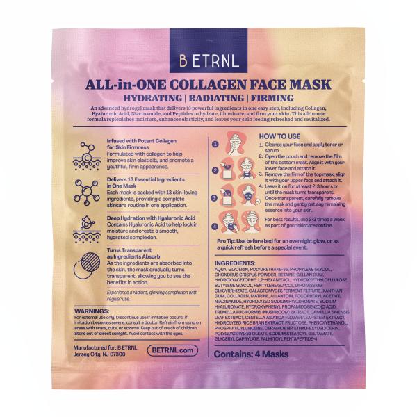 B ETRNL Collagen Face Mask - 13-in-1 Bio Collagen Real Deep Overnight Mask - Hydrating Glass Skin Facial Mask - Anti Wrinkle Korean Skincare Inspired Face Sheet Masks