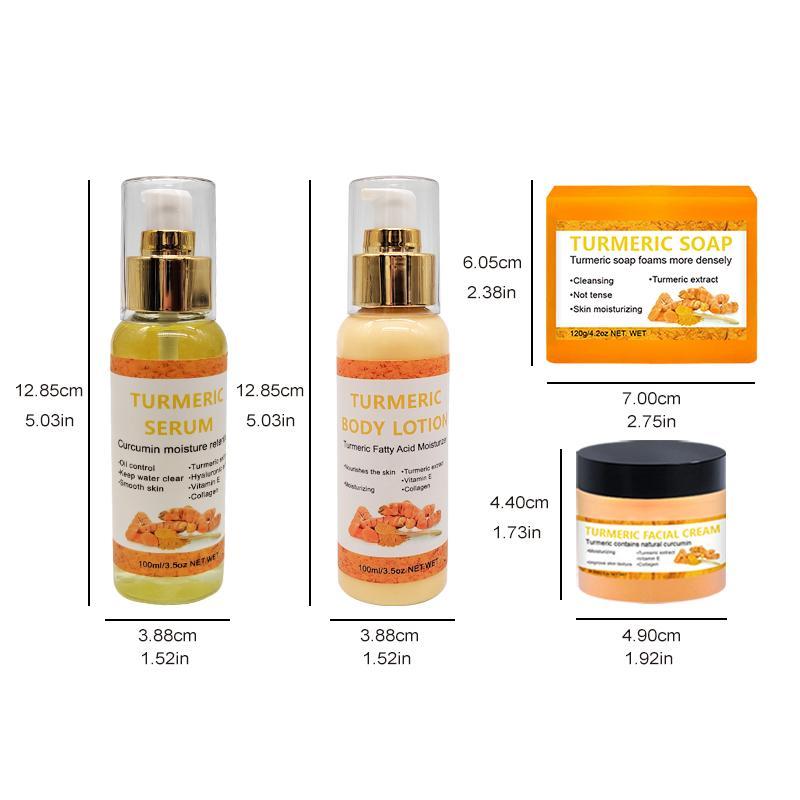 Natural Turmeric Skin Care Set, 4 Counts set Including Body Lotion, Turmeric Serum, Turmeric Soap, Turmeric Cream, Body Care Skincare Kits for Women & Men