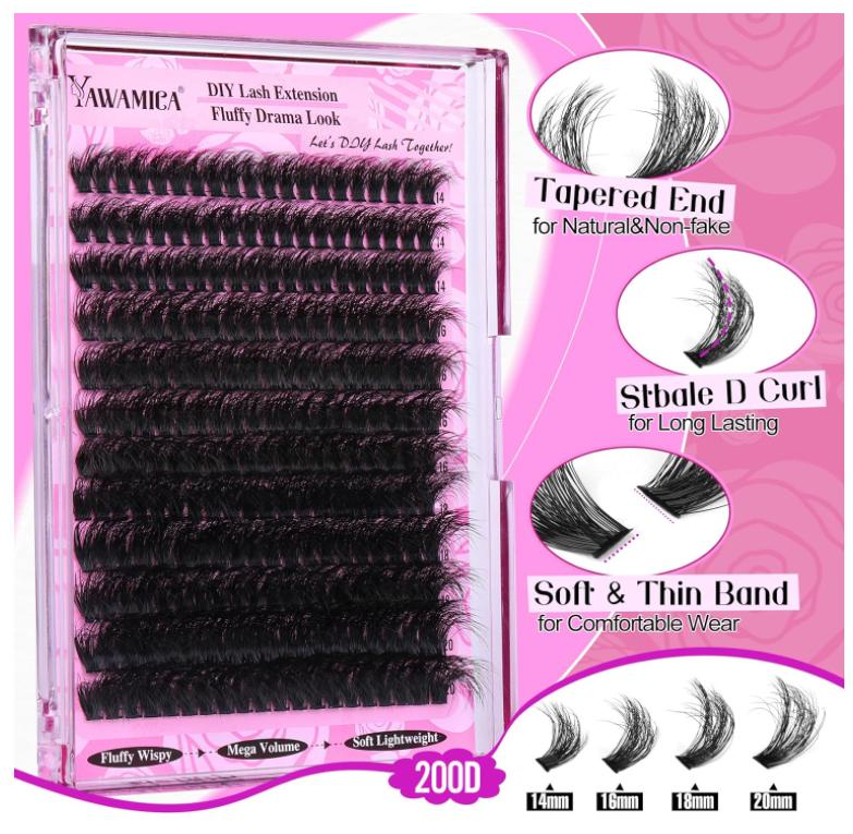 Yawamica Fluffy Lash Clusters Thick 200D Volume Eyelash Clusters 14-20mm Wispy Individual Lashes D Curl Cluster Eyelash Extensions 240pcs DIY Lash Extension for Beginners