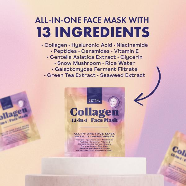 B ETRNL Collagen Face Mask - 13-in-1 Bio Collagen Real Deep Overnight Mask - Hydrating Glass Skin Facial Mask - Anti Wrinkle Korean Skincare Inspired Face Sheet Masks