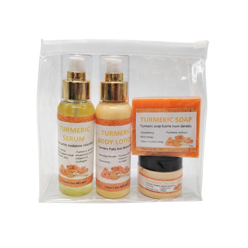 Natural Turmeric Skin Care Set, 4 Counts set Including Body Lotion, Turmeric Serum, Turmeric Soap, Turmeric Cream, Body Care Skincare Kits for Women & Men