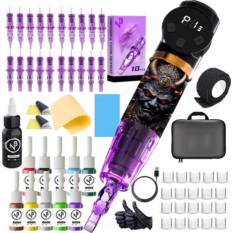 Needle Bee Wireless Tattoo Gun Kit, UV Cool Pattern Machine, Rotating Tattoo Pen Kit, Multi Functional 1500mAh Battery, Digital Screen Display, 20 Needles, 7 Inks, Complete Tattoo Gun Kit For Beginners And Tattoo Artists, Gift Cordless Machine