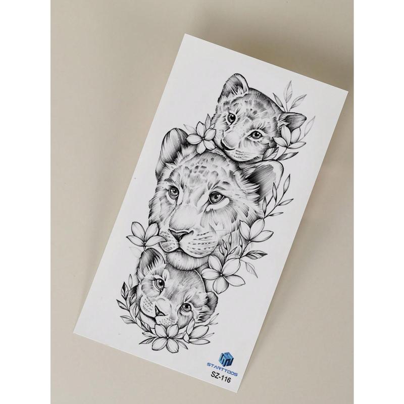 1pc Temporary Tattoo Sticker With Lion Animal Design, Suitable For Arms, Chest, Abdomen, Back, Etc. In Light Black