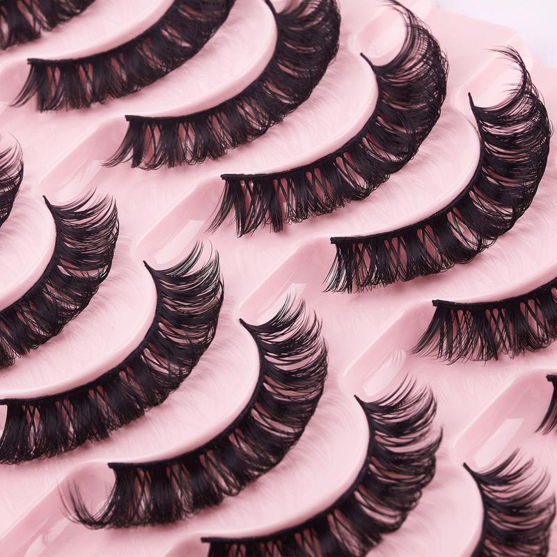 Thick False Eyelashes, 10 Pairs Long & Fluffy D Curl False Lashes, Wispy Cat Eye Look Faux Cluster Lashes, Natural Curling Eye Makeup Strip Lashes