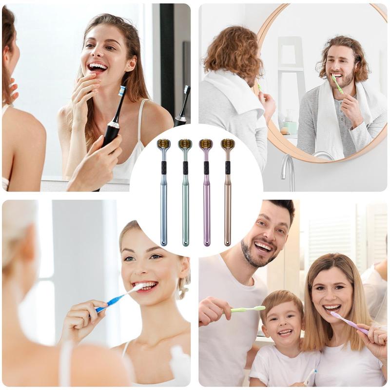 4 Pcs 3-Sided Toothbrush - Three Bristle Travel Toothbrush | Modern Triple Angle Toothbrush, Non-Slip Sensory Triple Action Toothbrushes, Multi-Sided Toothbrush for Adult Teeth Care and Gum Care