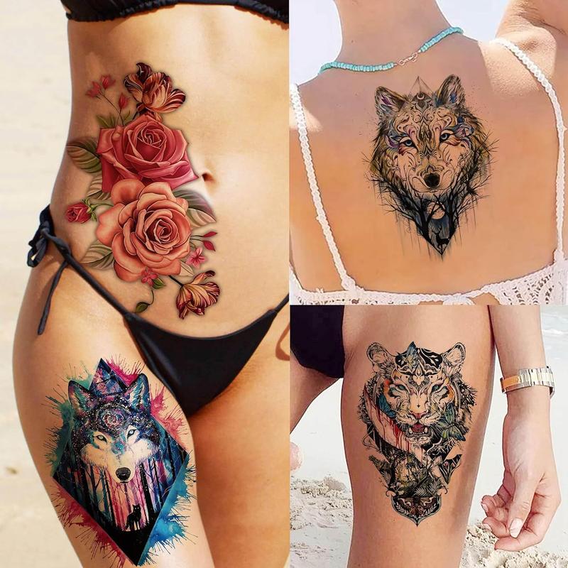 Trending! 56 Sheets of Watercolor Owl, Tiger, Lion Temporary Tattoos for Women and Men on Art Arm and Thigh! 3D, Long Lasting, and Realistic Fake Tattoo Sleeve Stickers for Adults. Also Featuring Wolf, Fox, and Leopard.