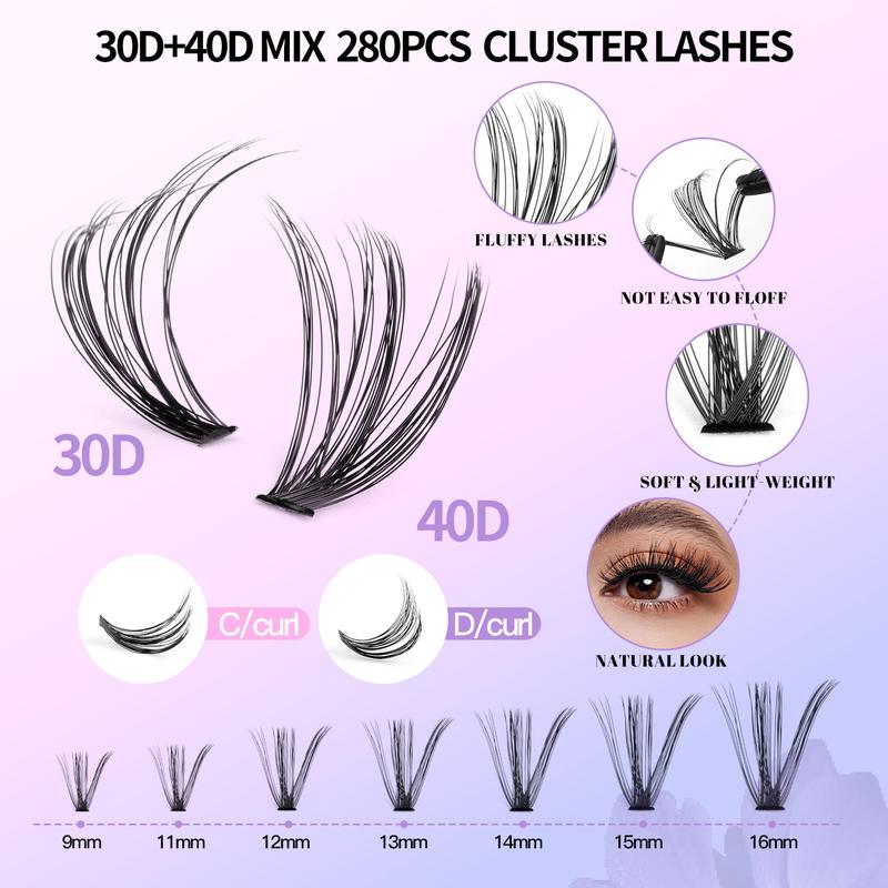 DIY Eyelash Extension Kit 280 Pieces Eyelash Cluster Kit ，Adhesive Seal Tweezers Eyelash Glue Remover ，False Eyelashes for Beginners Eyelash Extension at Home Cosmetic ，Fall Gift， Winter Gift ，Christmas Gift， Black Friday promotion