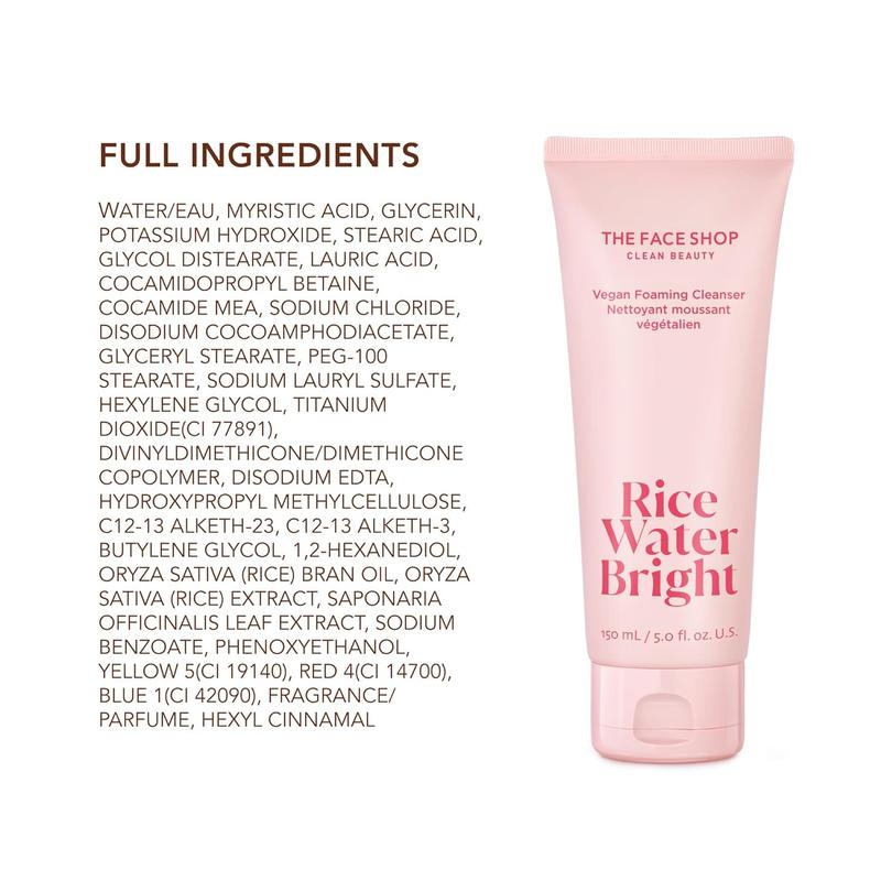 The Face Shop Rice Water Bright Foaming Facial Cleanser with Ceramide, Gentle Face Wash for Hydrating & Moisturizing, Vegan Face Cleanser, Makeup Remover