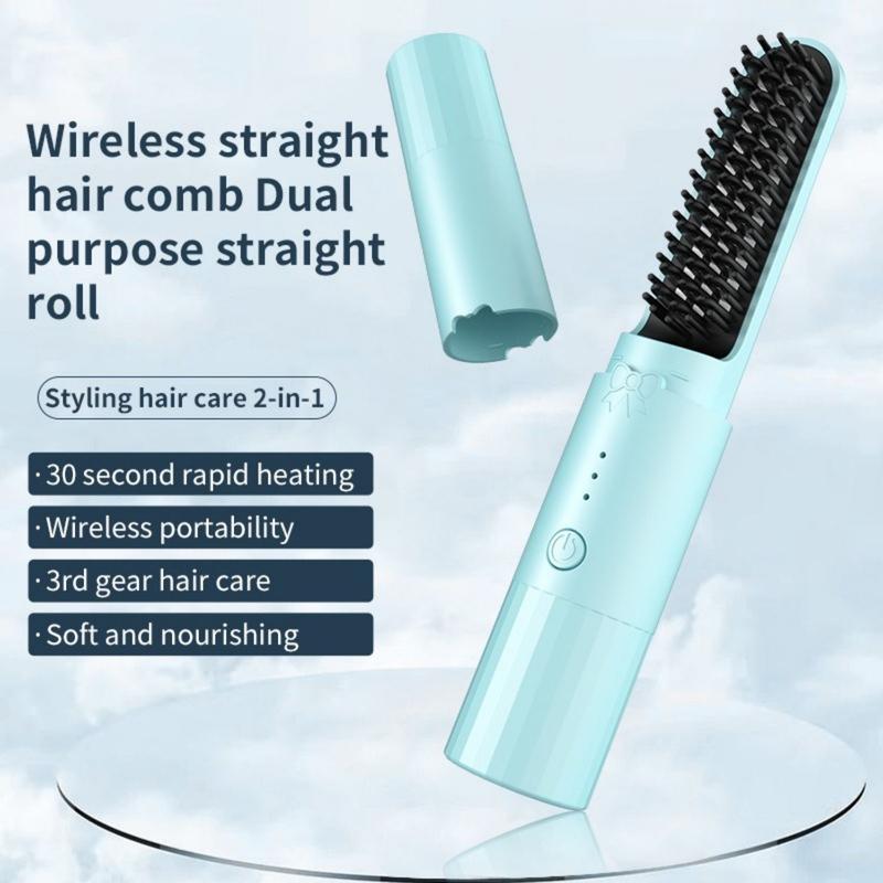 Cordless Hair Straightening Brush, Portable Hot Brush, USB Charging, Fast Heating 3 Temperature Settings, Anti-scalding, Suitable for Travel Daily Use, Gift for Women