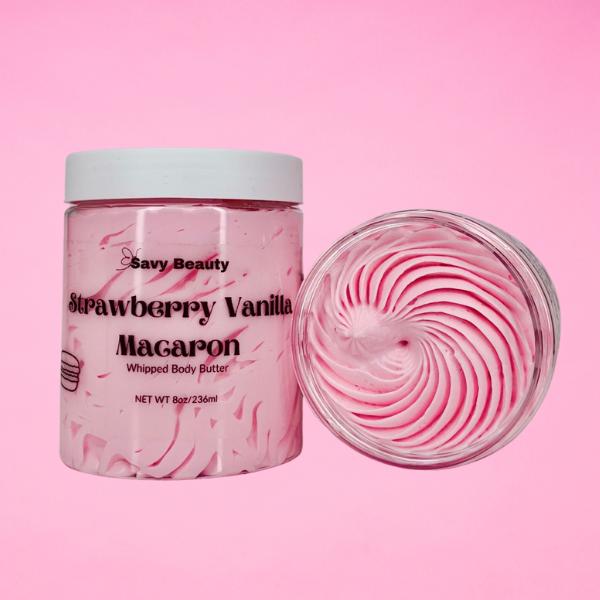 Strawberry Vanilla Macaron- Whipped Body Butter, Sugar Scrub & Body Oil Bundle Lightweight