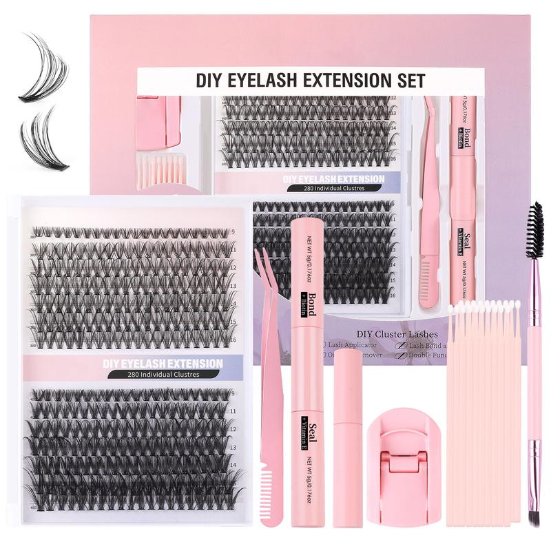 DIY Eyelash Extension Kit 280 Pieces Eyelash Cluster Kit ，Adhesive Seal Tweezers Eyelash Glue Remover ，False Eyelashes for Beginners Eyelash Extension at Home Cosmetic ，Fall Gift， Winter Gift ，Christmas Gift， Black Friday promotion