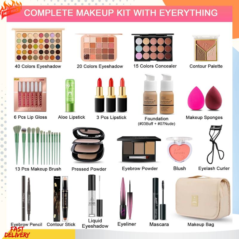 All-in-One Makeup Kit for Women & Teens | Professional Travel Set with Foundation, Eyeshadow, Lipstick, Brow Pencil, Eyeliner, Contour Powder | Complete Gift Set for Beginners