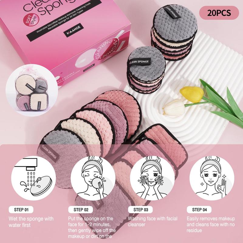 MAANGE Makeup Remover Puff Set, 20pcs set Including 5 Large Round+5 Large Square+5 Medium Round+5 Small Round Puffs, Makeup Remover Tool, Facial Cleaning Tool, Makeup Accessories, Christmas Gift