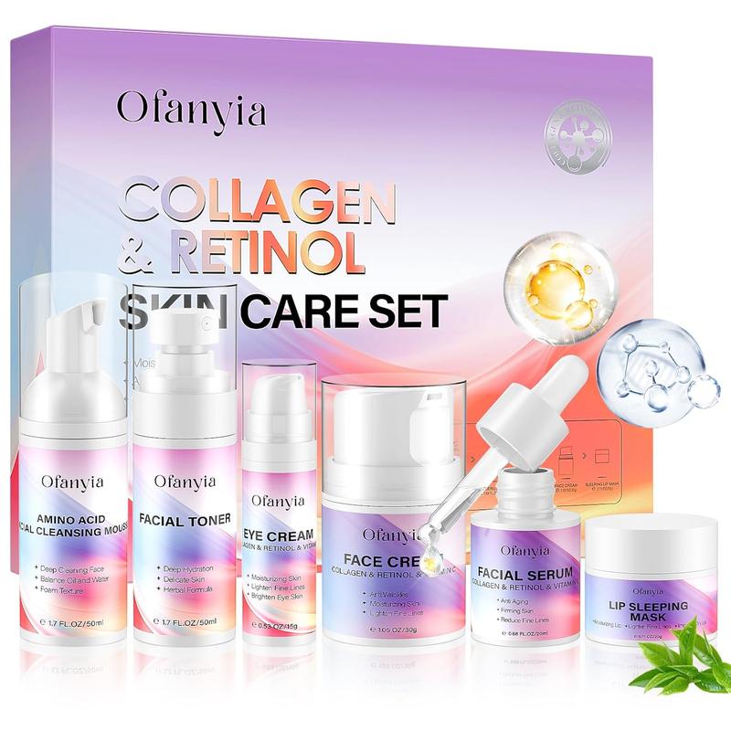 Collagen Retinol Skin Care Set, 6 In 1 Skincare Gift Set with Facial Cleanser, Toner, Serum, Cream, Eye Cream & Lip Mask, Anti Aging Skin Care Set for Women, Travel Skin Care Christmas Gifts for Women