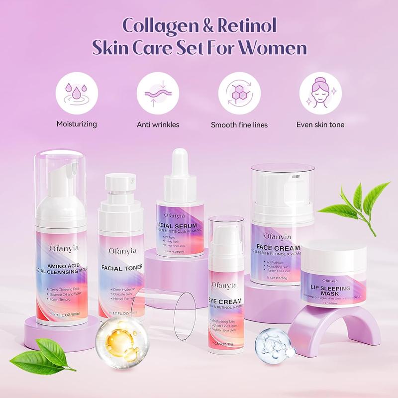 Collagen Retinol Skin Care Set, 6 In 1 Skincare Gift Set with Facial Cleanser, Toner, Serum, Cream, Eye Cream & Lip Mask, Anti Aging Skin Care Set for Women, Travel Skin Care Christmas Gifts for Women