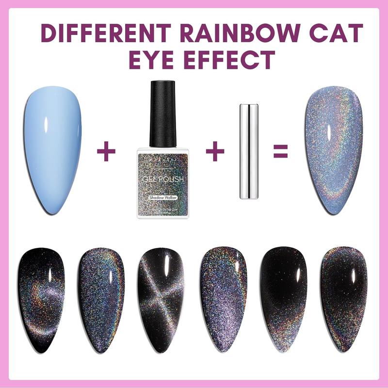 Makartt Gel Nail Polish, Universal Rainbow Cat Eye Gel Nail Polish 10ml Holographic 9D Sparkly Hole Cat Eye Glitter Fall Gel Polish with Magnet Stick Soak Off UV LED Manicure Nail Art Designs Nail Care Color