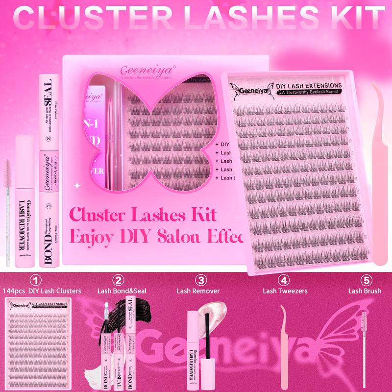 Geeneiya Clear Band Lash Clusters Kit Wispy Lash Extension Kit C Curl Natural Cluster Eyelash Extensions with Waterproof Lash Bond and Seal, Lash Remover for Clusters, Tweezers, Eyelashes Brush for Self Application Makeup Eyelashes Extensions (0.05D)