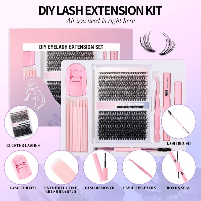 DIY Eyelash Extension Kit 280 Pieces Eyelash Cluster Kit ，Adhesive Seal Tweezers Eyelash Glue Remover ，False Eyelashes for Beginners Eyelash Extension at Home Cosmetic ，Fall Gift， Winter Gift ，Christmas Gift， Black Friday promotion