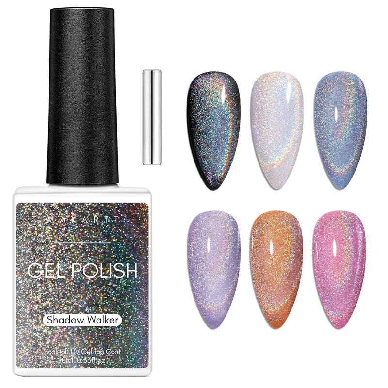 Makartt Gel Nail Polish, Universal Rainbow Cat Eye Gel Nail Polish 10ml Holographic 9D Sparkly Hole Cat Eye Glitter Fall Gel Polish with Magnet Stick Soak Off UV LED Manicure Nail Art Designs Nail Care Color