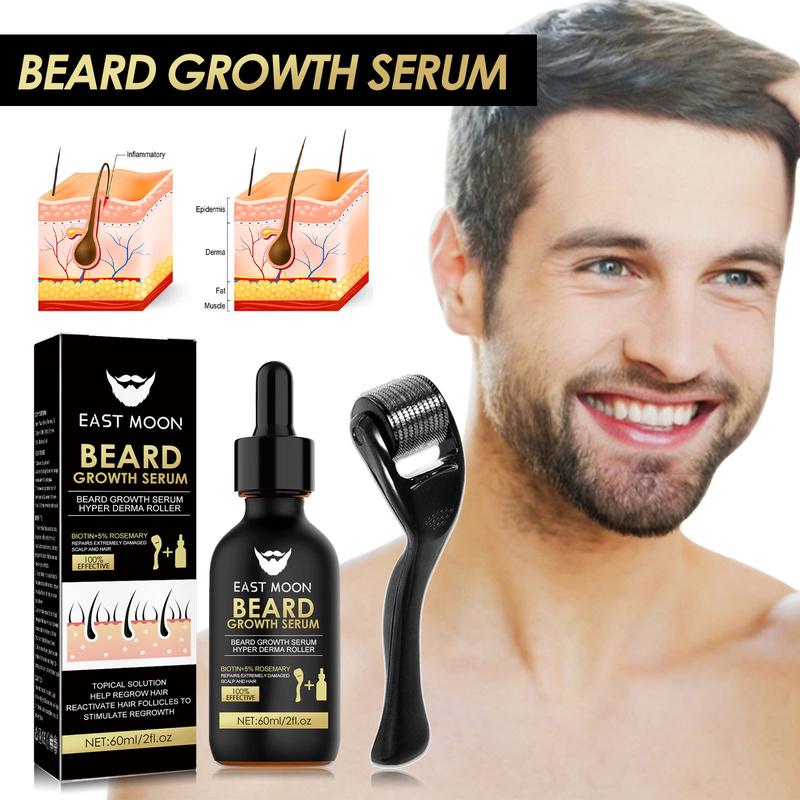 Beard Growth Serum and Beard Massage DermRoller, 2 Set Beard Care Accessories to Strengthen Beards, Men's Beard Care Products and Tools for Daily Use, Comfortable Hair Care Thin, Summer Gifts, Nutritious Beard Care Oil