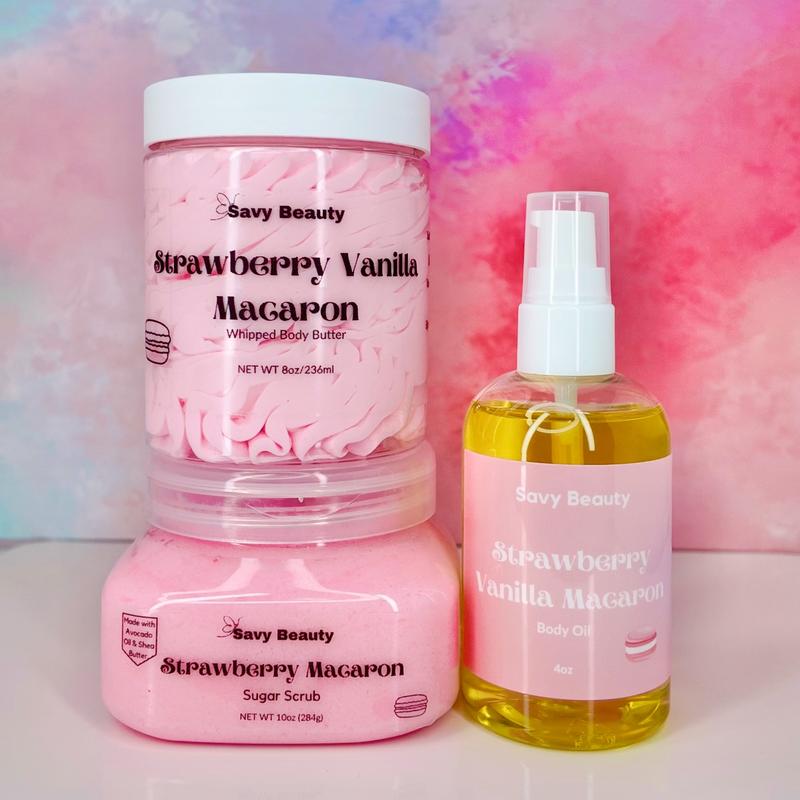 Strawberry Vanilla Macaron- Whipped Body Butter, Sugar Scrub & Body Oil Bundle Lightweight