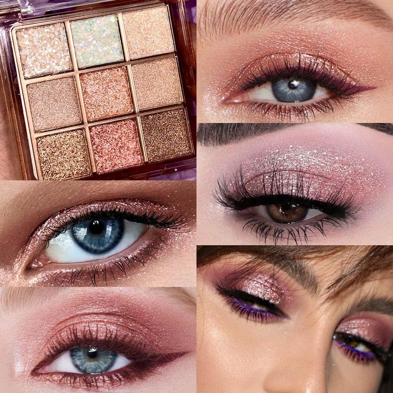 9Colors Glitter Eyeshadow Palette,Pink White Gold Glitter Shimmer Sparkly Eye Shadow Palette Makeup,Warm Pastel Eyeshadows Palette Long Lasting Waterproof Naturing-Looking Women Girls Eye Shadow