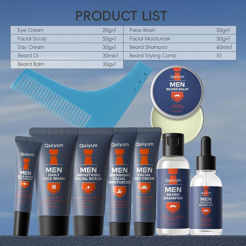 Men's Facial Care Set, 9 Counts set Moisturizing & Nourishing Skin Care Kit, Including Scrub, Cleanser, Day & Night Cream, Beard Shampoo, Beard Oil & Comb, Christmas Gift