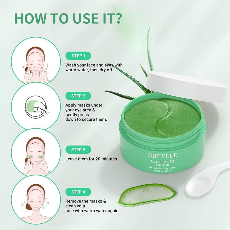 BREYLEE Aloe Vera Eye Masks 60 Pcs Under Eye Bags Treatment Puffy Eyes and Dark Circles Treatments Comfort Skin Care