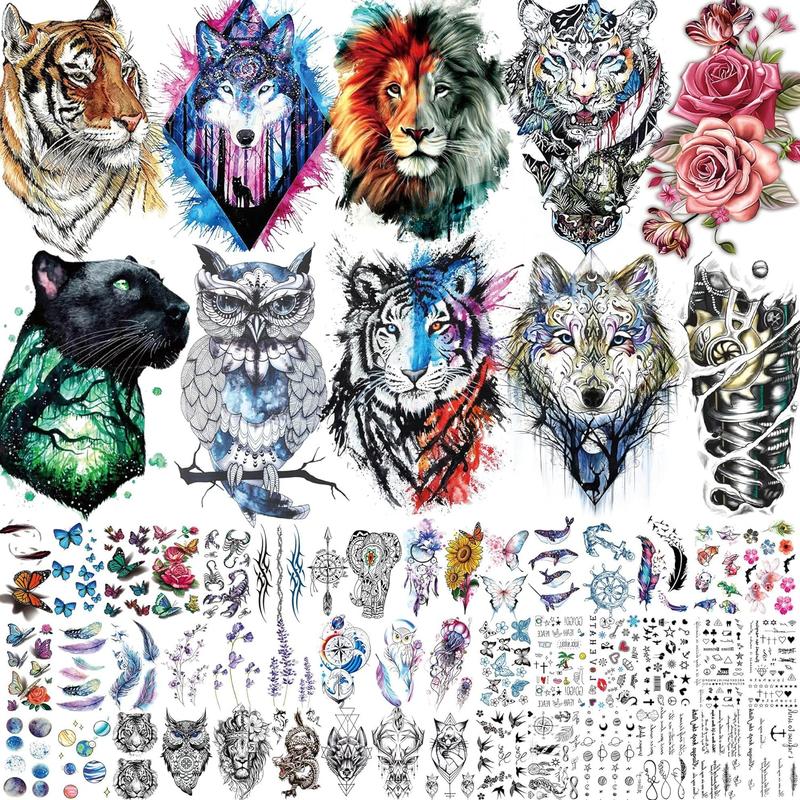 Trending! 56 Sheets of Watercolor Owl, Tiger, Lion Temporary Tattoos for Women and Men on Art Arm and Thigh! 3D, Long Lasting, and Realistic Fake Tattoo Sleeve Stickers for Adults. Also Featuring Wolf, Fox, and Leopard.