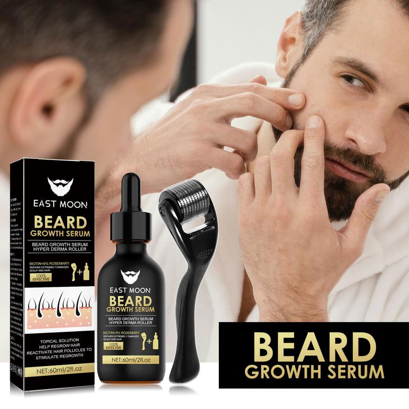 Beard Growth Serum and Beard Massage DermRoller, 2 Set Beard Care Accessories to Strengthen Beards, Men's Beard Care Products and Tools for Daily Use, Comfortable Hair Care Thin, Summer Gifts, Nutritious Beard Care Oil