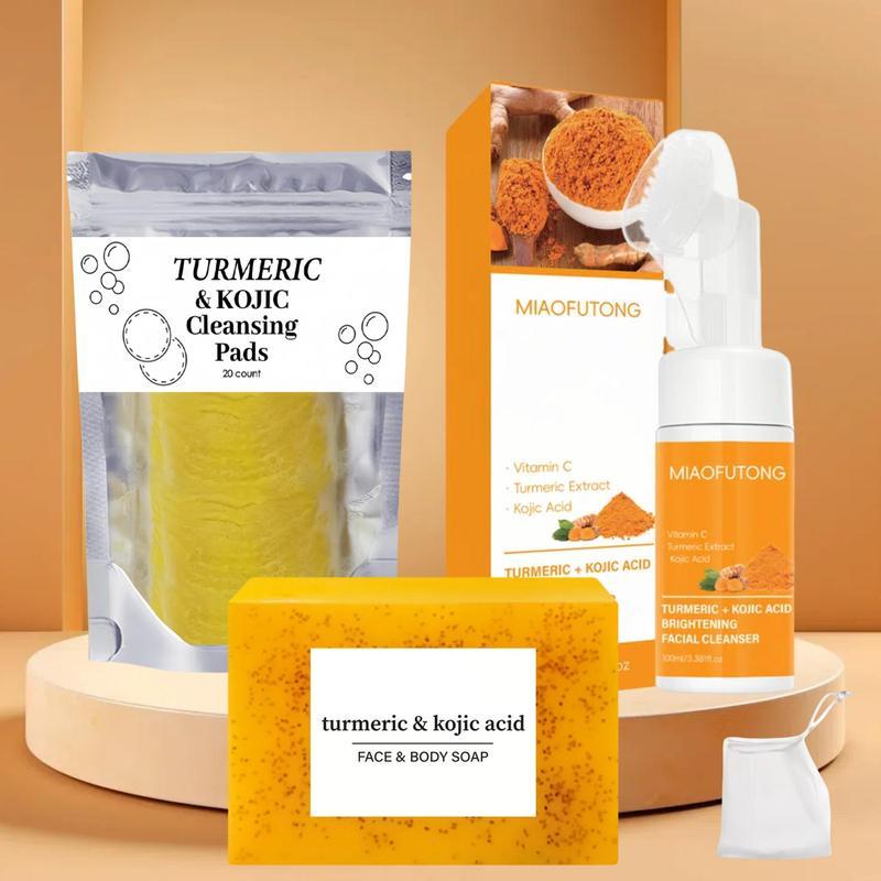 Turmeric Soap & Cleansing Pad & MousseCleanser Set, 3 Counts set Deep Cleansing &Nourishing Skin Care Kit for Women & Men Al!Skin Types, Christmas, Christmas Gift