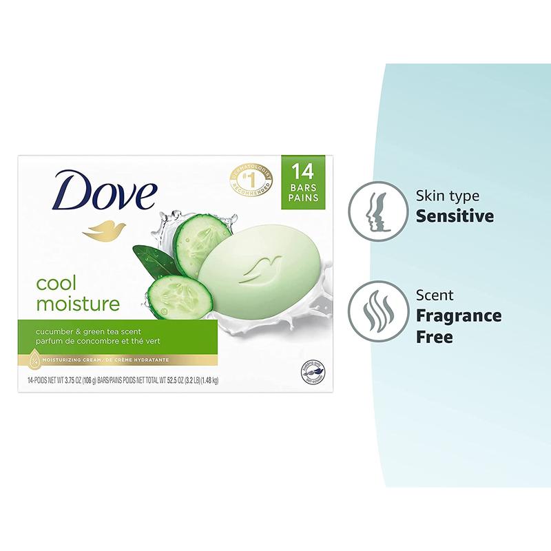 Dove Skin Care Beauty Bar for Softer Skin Cucumber and Green Tea More Moisturizing than Bar Soap 3.75 Oz, 14 Bars Unilever