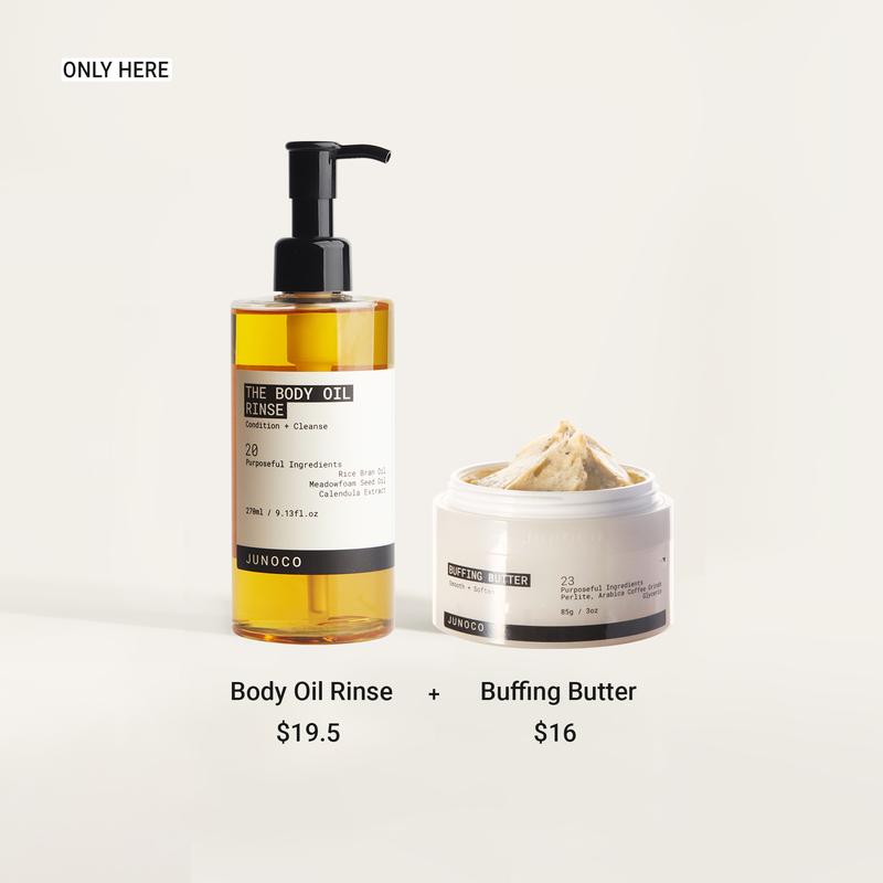 JUNOCO The Body Oil Rinse. 9.13oz. Shower Oil Body Wash with Rice Bran Oil, Meadowfoam Seed Oil, and Calendula Extract.