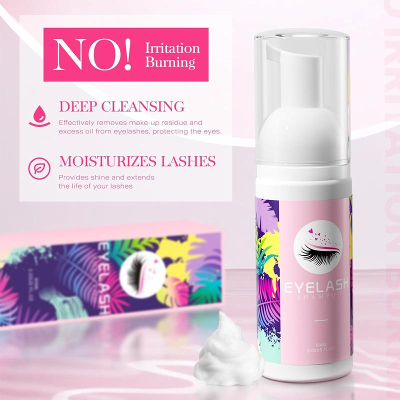 Christmas Gift Lash Shampoo for Lash Extensions 60ml Eyelash Extension Cleanser Lash Shampoo Cleaning Kit with Shampoo Brush & Mascara Brush-No Irritating Foaming Eyelash