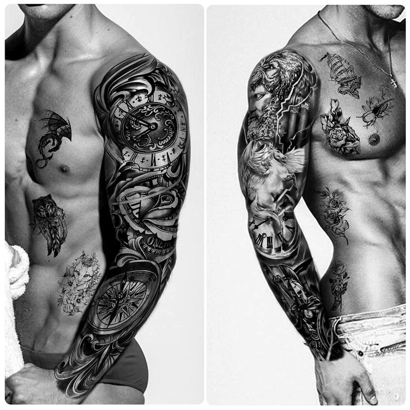 Full Arm Temporary Tattoo Waterproof For Men(L22.8“xW7”), 46 Sheets Fake Tattoos for Women Lion Tiger Clock Flower Skeleton Animals Design, Hand Forearm Shoulder 3D Temporary Tattoos Stickers bic  temporary party tattoo