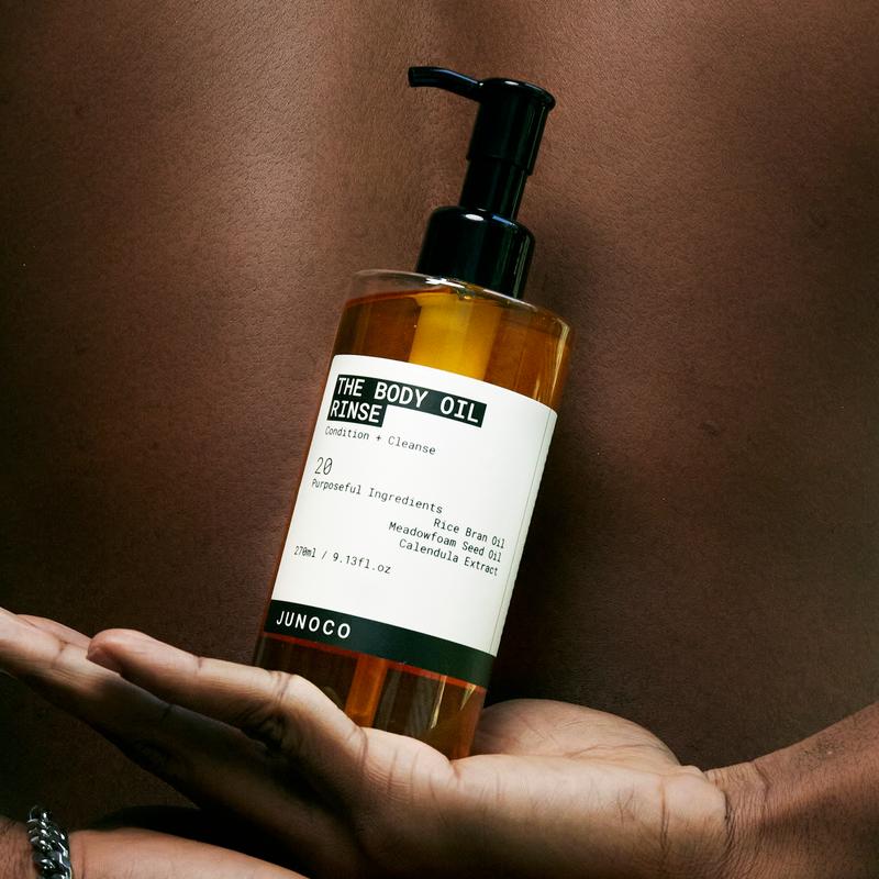 JUNOCO The Body Oil Rinse. 9.13oz. Shower Oil Body Wash with Rice Bran Oil, Meadowfoam Seed Oil, and Calendula Extract.