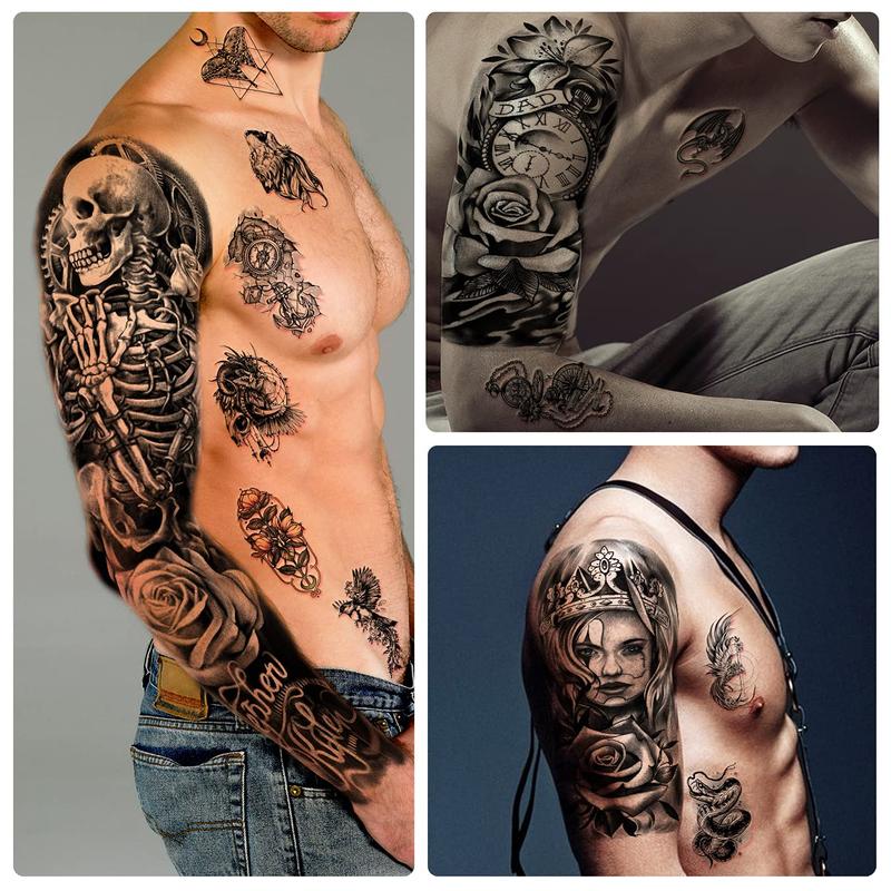 Full Arm Temporary Tattoo Waterproof For Men(L22.8“xW7”), 46 Sheets Fake Tattoos for Women Lion Tiger Clock Flower Skeleton Animals Design, Hand Forearm Shoulder 3D Temporary Tattoos Stickers bic  temporary party tattoo