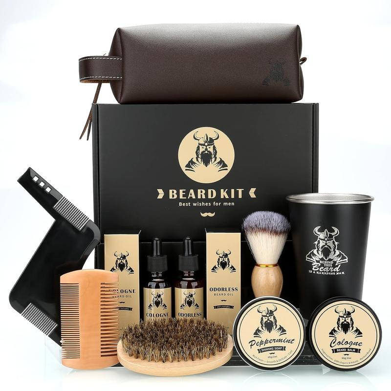 Beard Kit Gifts for Men, Christmas Father's Day Birthday Gifts for Dad Him,  & Trimming Tool Complete Set, Beard Care Kit with 2 Beard Growth Oil Balm Brush Comb Shaving Soap Cup&Storage Bag